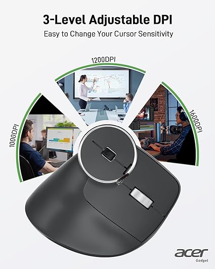 Acer Wireless Mouse Ergonomic, Rechargeable USB C Vertical Mouse 3 Adjustable DPI 1600/1200/1000, Ergo Mice, 2.4GHz Computer Mice with 6 Buttons, USB Receiver for Laptop, PC, iMac, Acer, Desktop - Image 2
